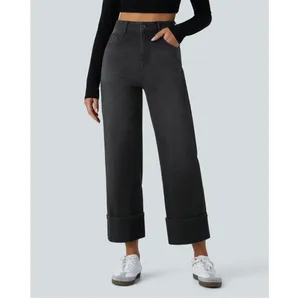 Halara Flex High Waisted Wide Leg Cropped Jeans Black Washed Women XL Rolled Hem thumbnail 8