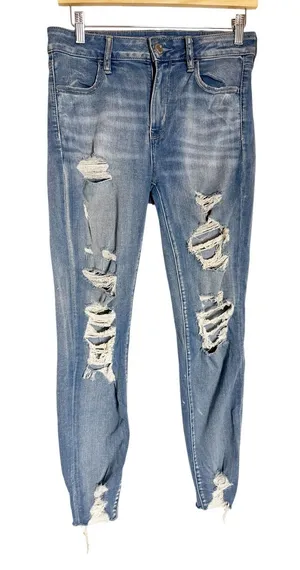 American Eagle Super Stretch Mid Rise Distressed Ripped Skinny Jeans Size 8 thumbnail 1
