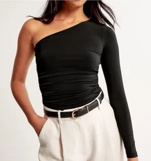 Abercrombie Long-Sleeve Slinky Jersey Asymmetrical Ruched Top - Black thumbnail 1