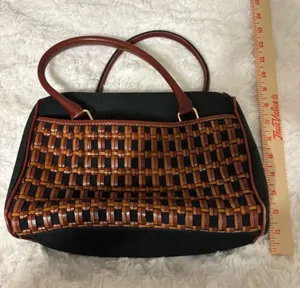 Valerie Stevens Black Brown Woven Leather Handbag Satchel Y2K thumbnail 1