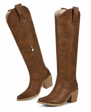 WETKISS Brown Embroidered Western Knee High Block Heel Boots Women Size 8 thumbnail 1