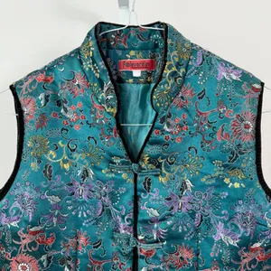 VTG Foieverdev sz LTeal Floral Brocade‎ Mandarin Collar Vest Quilted thumbnail 2