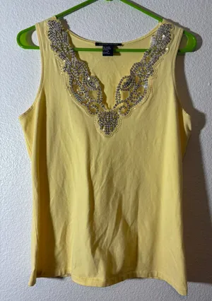 Boston Proper Size M Yellow Embroidered Sequin Sleeveless V-Neck Y2K Tank Top thumbnail 1