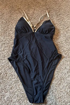 Cupshe Gold Standard Black One-Piece Swimsuit Black W Gold Straps Medium NWT thumbnail 1