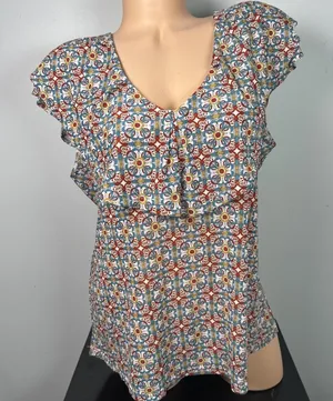 Amang NY Top Womens XL Peasant Boho V-neck Cap Sleeve Stretch‎ Colorful thumbnail 1