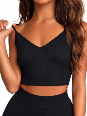 Lulus Stay Extra Black Ribbed V-Neck Cropped Cami Top Size Medium Whimsygoth thumbnail 1