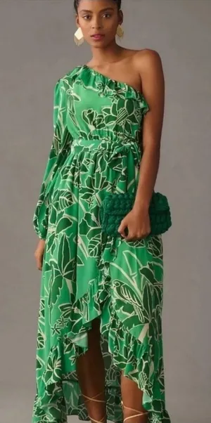 Farm Rio Anthropologie Green One Shoulder Maxi Dress L thumbnail 1