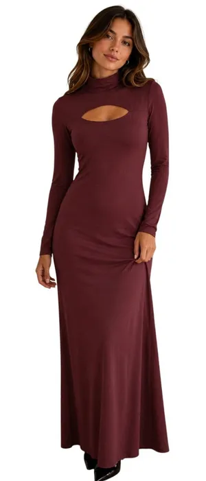 Womens Brown Cut Out Bodycon Maxi Dress Small Long Sleeve Mock Neck Shoulder Pad thumbnail 1