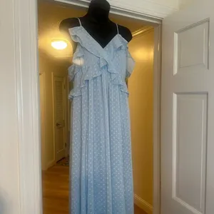 CHELSEA 28 Light Blue Ruffle Neck Spaghetti Strap MIDI Dress size Medium EUC thumbnail 12