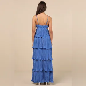 LULU’S Kanya Blue Satin Plisse Tiered Maxi Dress thumbnail 5