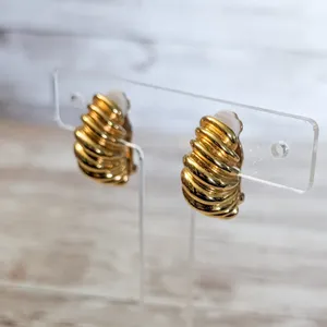 Vintage Clip On Earrings - Statement Ribbed Half Hoop Gold Tone Large thumbnail 2