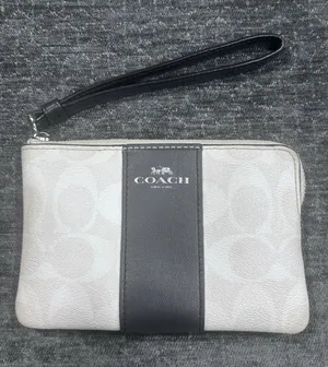 Coach New York Chalk Cream Black Leather Stripe Wristlet Zip Pouch thumbnail 1