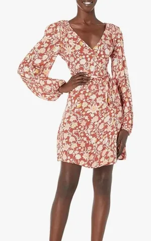 Billabong Wrap Dress Red Clay Crinkle Floral Blouson Sleeve Boho Cottage Party M thumbnail 1