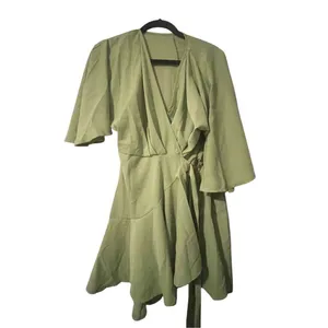 SheIn NEW Vacay Olive Green Ruffle Hem Wrap Mini Dress Large thumbnail 6