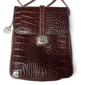 Brighton Oxblood Leather Vtg Croc Embossed Crossbody Bag Silver Buckle & Charm thumbnail 2