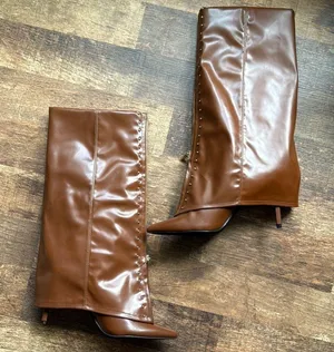 Source Unknown Elegant Brown Leather Women's Boots brown knee high boots with studded details thumbnail 1