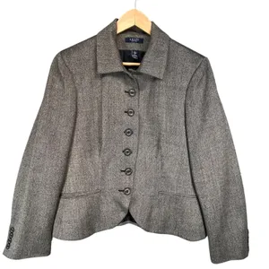 Chaps Women's Gray Wool Blend Blazer Jacket Career‎ Business Herringbone Size L thumbnail 1