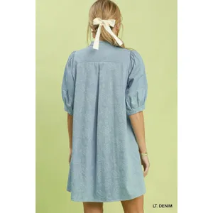 Umgee Print Denim Dress with Contrast Stitch - Small thumbnail 3