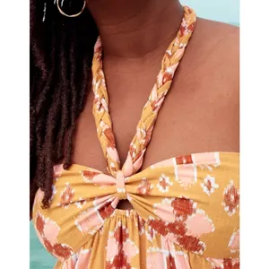 NWT Aerie Sz XS Linen Blend Halter‎ Maxi Dress Ikat Orange Pink Boho Braided thumbnail 3