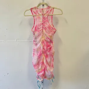 Oh Polly Tie-Dye Sheer Bodycon‎ Mini Sleeveless Dress Pink Medium Cinched Hem thumbnail 2