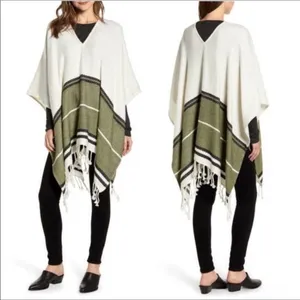 Treasure & Bond Fringe Poncho Striped Boho Jacket Cover Cozy Warm Winter v6x thumbnail 2