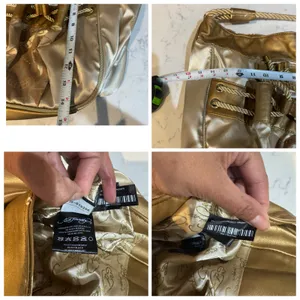 Ed Hardy drawstring handbag metallic gold material braided rope handles flawed thumbnail 14
