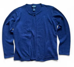 Y2K Cotton Ramie Navy Open Front Cardigan Sweater Embroidered Trim Vintage Sz S thumbnail 1