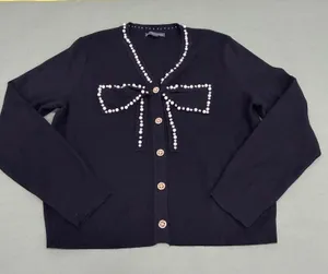 Adrianna Papell Black Pearl Rhinestone Bow Cardigan Sweater Gold Buttons Large thumbnail 1