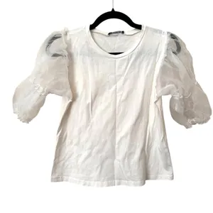 ZARA Organza Statement Sleeve Crewneck Top‎ White Small thumbnail 1