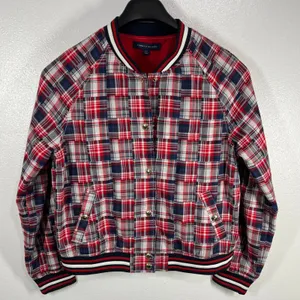 Tommy Hilfiger Patchwork Plaid Varsity Jacket Red White Blue‎ Cotton Blend Large thumbnail 1