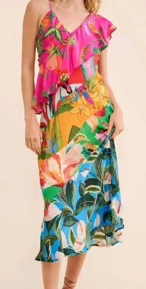 Farm Rio Mixed Flowery Ruffle One Shoulder Dress Women’s Medium thumbnail 1