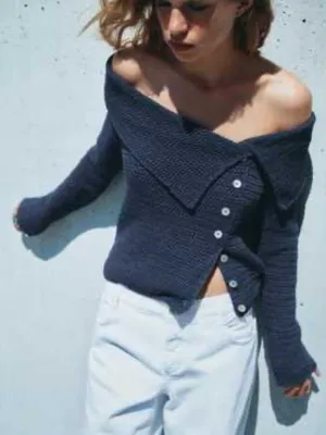 Zara Asymmetric Cropped Knit Sweater Off Shoulder Medium Grey Blue thumbnail 1