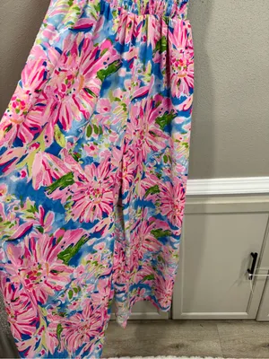 Smocked Floral Wide-Leg Jumpsuit in Pink & Blue thumbnail 4
