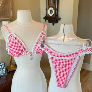 Red and White Check with Lace Trim Bikini Top Bottoms Set Women’s Large thumbnail 2