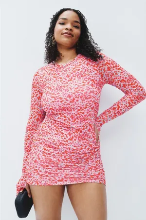 AFRM Sz S Mizra Pink Ditsy Floral Mesh Bodycon Ruched Long Sleeve Mini Dress thumbnail 1