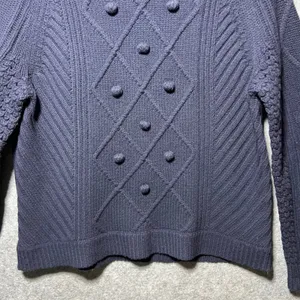 J.Crew Navy Blue‎ 100% Wool Sweater Bobble Diamond Cable Knit Crewneck Medium thumbnail 13