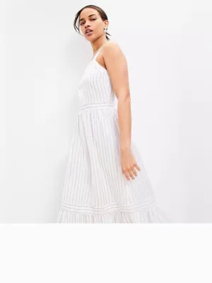 NWT LOFT Shimmer Striped Linen Blend Square Neck Midi Dress thumbnail 3