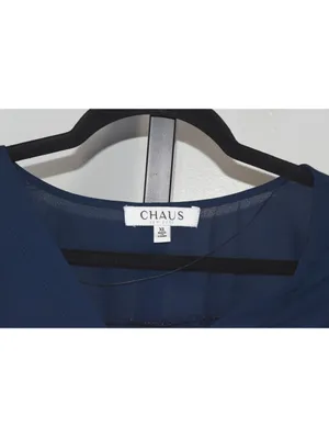 Chaus New York Navy Sheer Chiffon V Neck Blouse Womens XL Cap Sleeve thumbnail 3