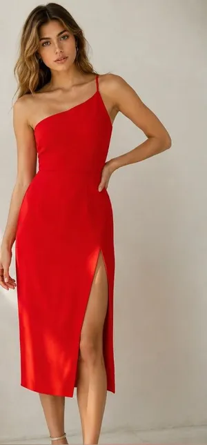 Lovers + Friends Red Asymmetrical One-Shoulder Midi Dress Size M thumbnail 1