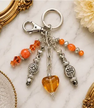 NEW Autumn Ember Handmade Beaded Bag Charm Keychain Orange Heart & Silver (#14) thumbnail 1