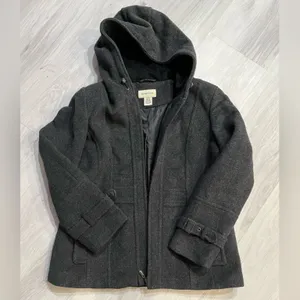 St Johns‎ Bay Womens Charcoal Wool Cashmere Blend Hood Coat Zip Pea Coat size M thumbnail 2