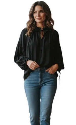 INA LONG puff SLEEVE RUFFLE NECK BOHO OVERSIZED BLOUSE L thumbnail 1