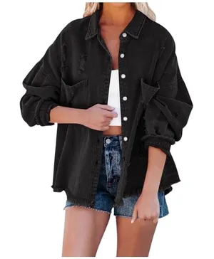 T&C Apparel Distressed Denim Shacket Womens Medium Black Frayed Hem‎ Oversized thumbnail 1