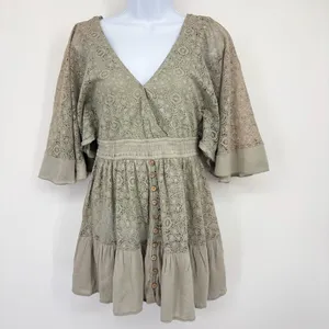 Mable Lace Romper Womens SM Sage Green Boho Bell Sleeve Vacation Cottagecore‎ thumbnail 3
