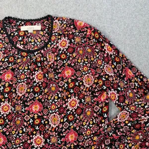 LOFT Women's Medium Black Red Pom Pom Trim Long Sleeve Blouse Top Keyhole thumbnail 4