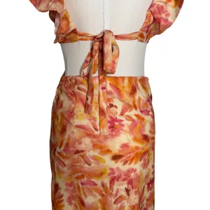 Micas Floral Ruffle Cut Out Maxi Dress Orange Pink Watercolor Size M NWT thumbnail 8