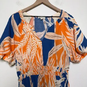 FIG + FLOWER‎ Women Dress Large Tropical Leaf Print Smocked Orange Boho Resort thumbnail 4