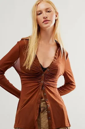 Free People Women Lucky Mesh Shirtee Top XS Brown‎ Mesh Ruched Button Up thumbnail 1