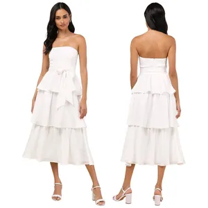 Lulus Truly Marvelous White Jacquard Strapless Tiered Midi Dress M thumbnail 2