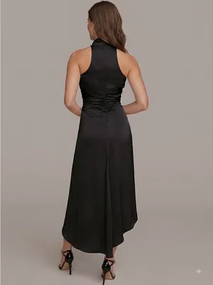 Donna Karan New York Black Satin Halter Midi Dress Ruched Side Slit Size‎ 4 thumbnail 2